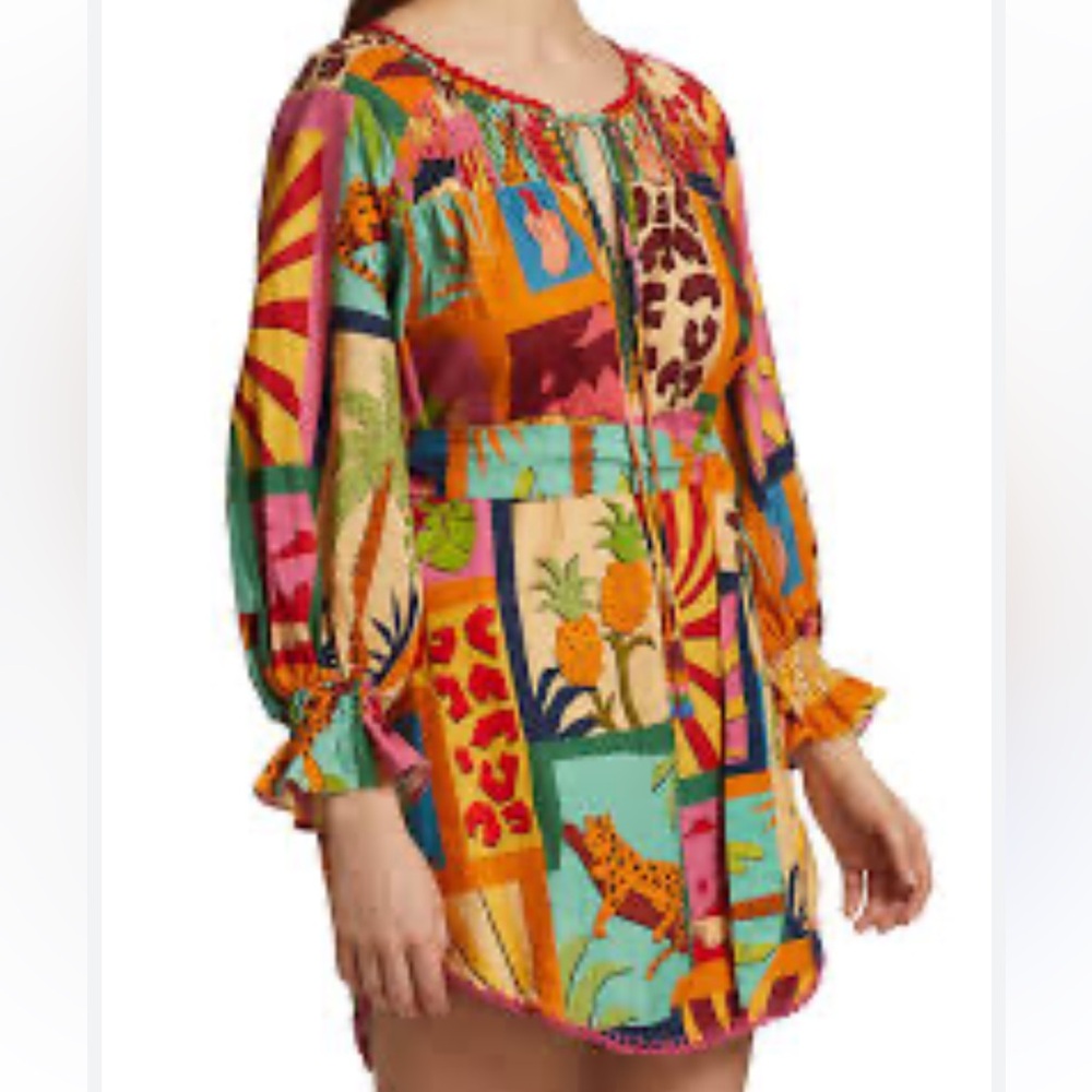 Farm Rio Tropical Jungle Vibrant Collage Linen Blend Tunic Dress Small belted